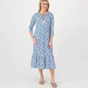 Denim & Co. Naturals Printed Midi Dress with Tassel-Dp Aqua Floral-Small-A596346